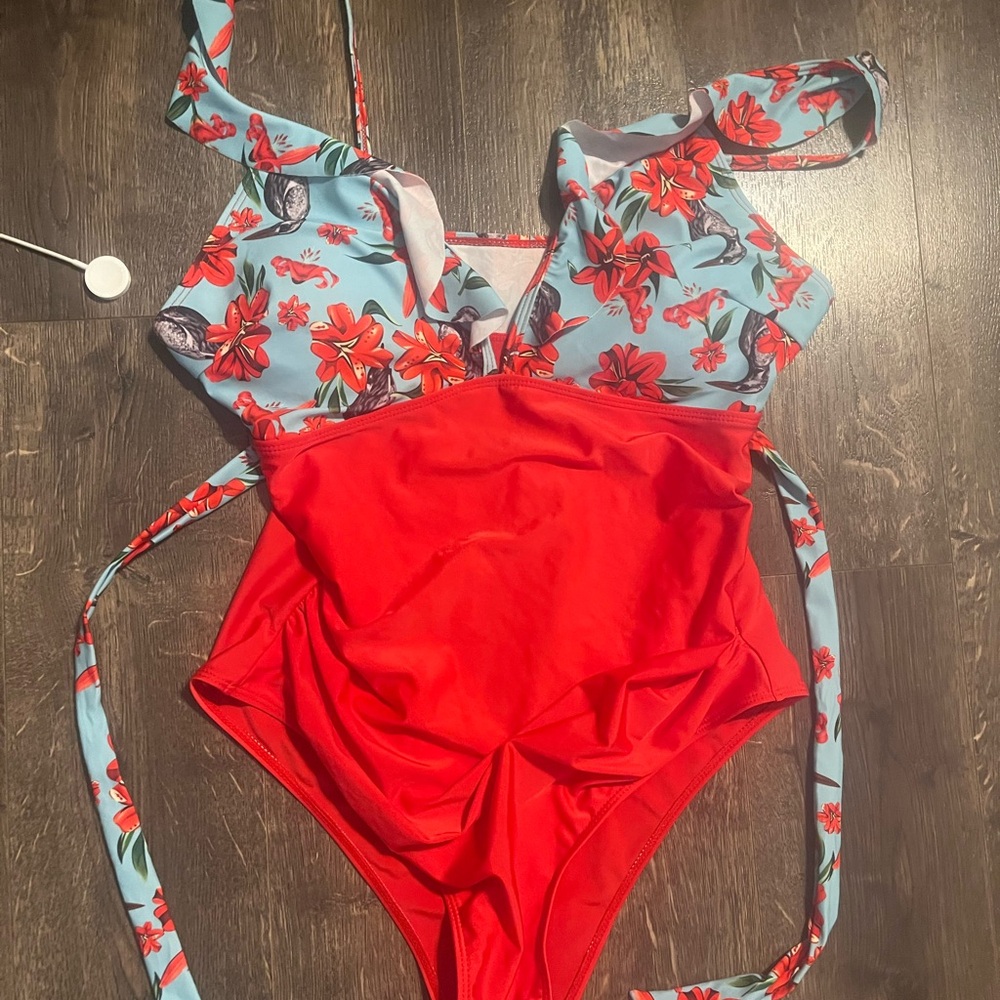 Red One-Piece Swimsuit with Blue Floral Accents